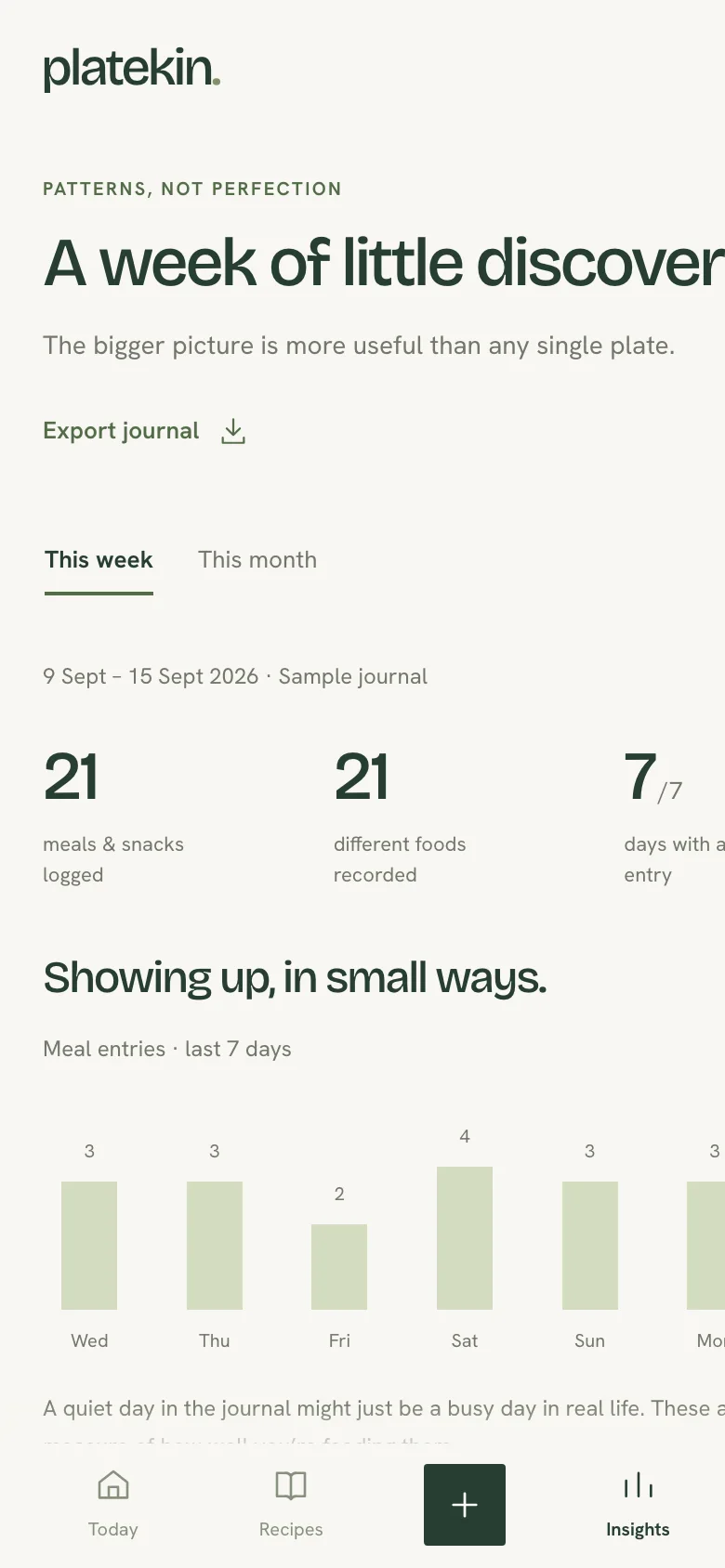 Sample insights screen showing foods recorded in a journal