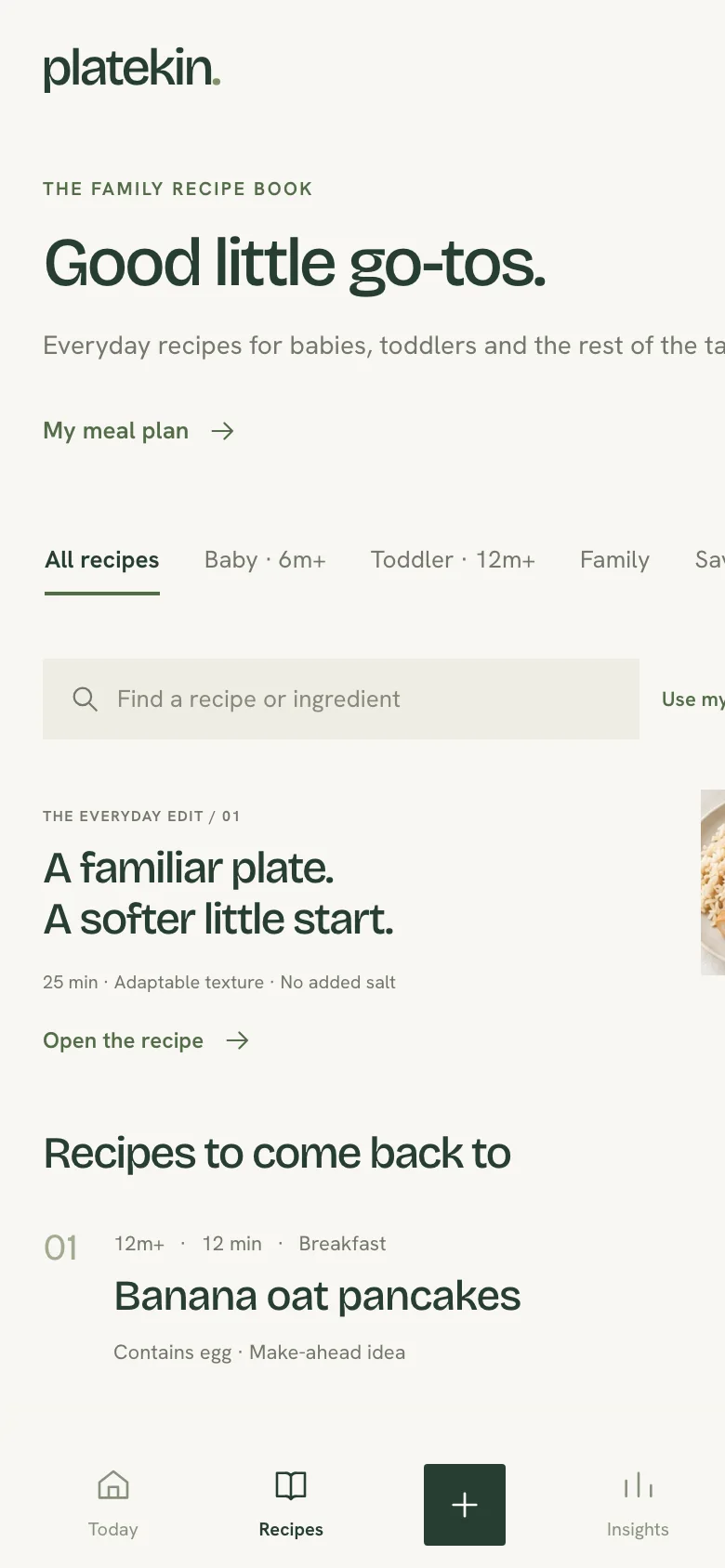 Sample recipe book screen with a banana oat pancake recipe