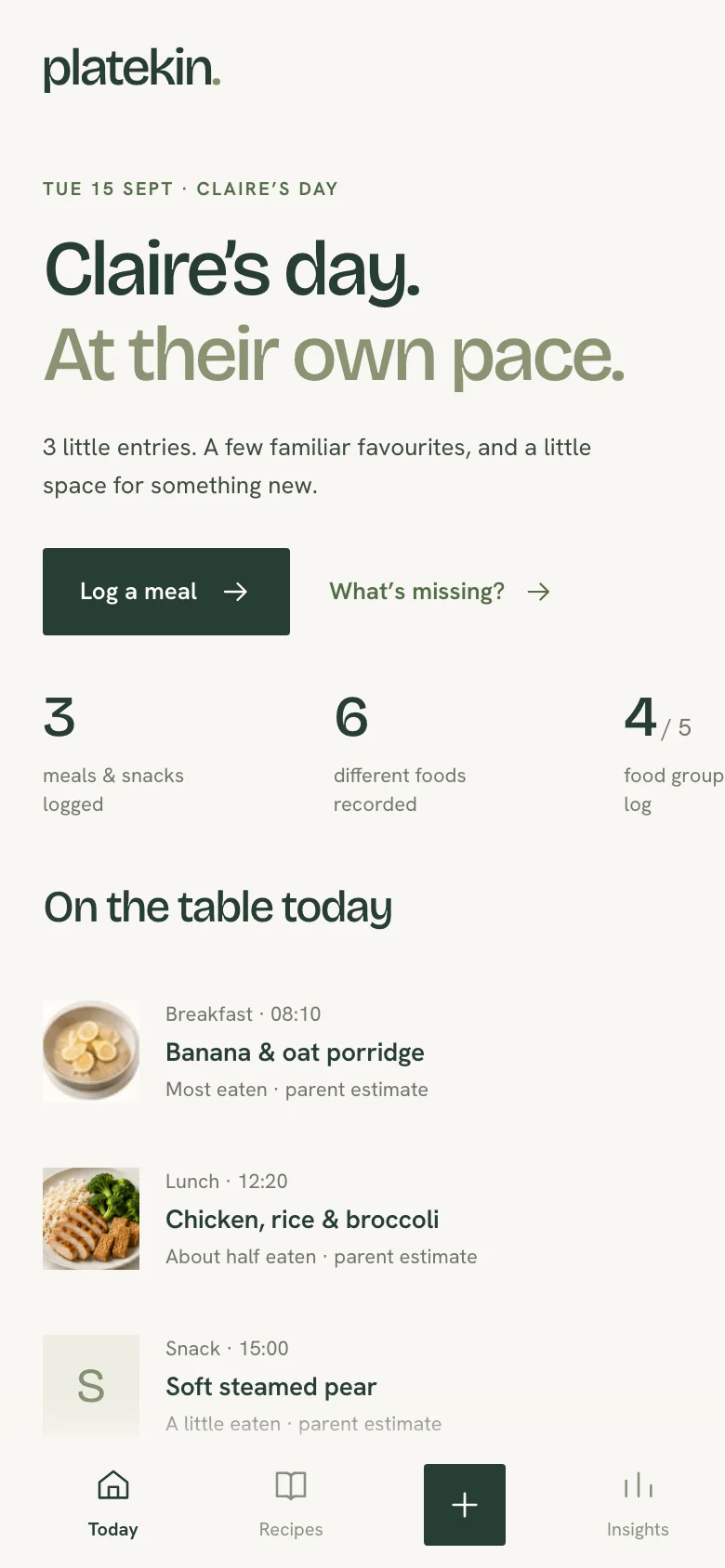 Sample Today screen with a family food journal and meal entries